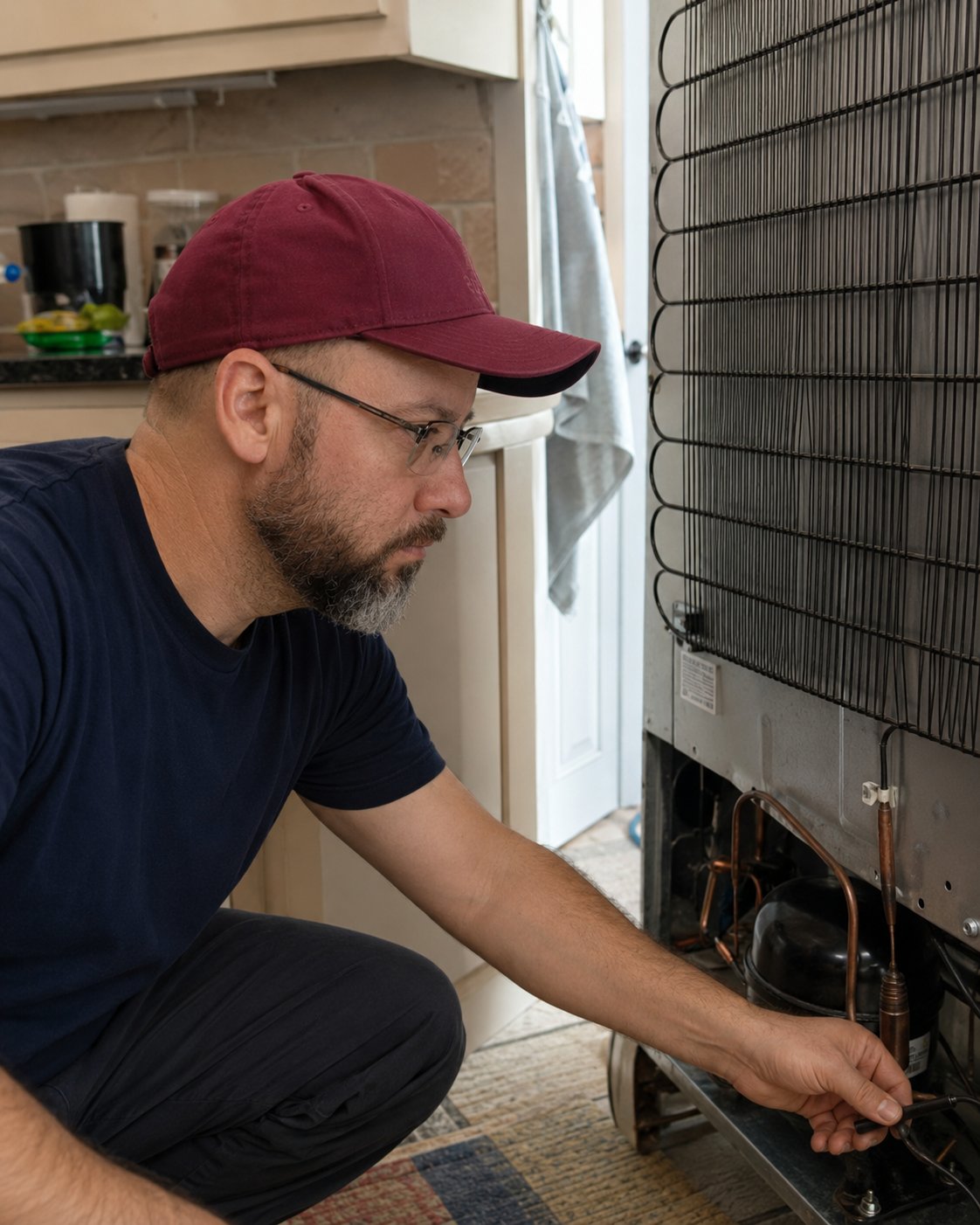 Técnico da DeSouza Refrigeração consertando a parte traseira de uma geladeira com compressor e condensador